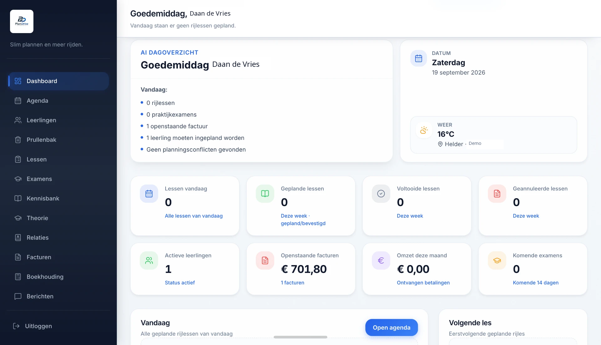 PlanDrive-dashboard met fictieve demo-gegevens