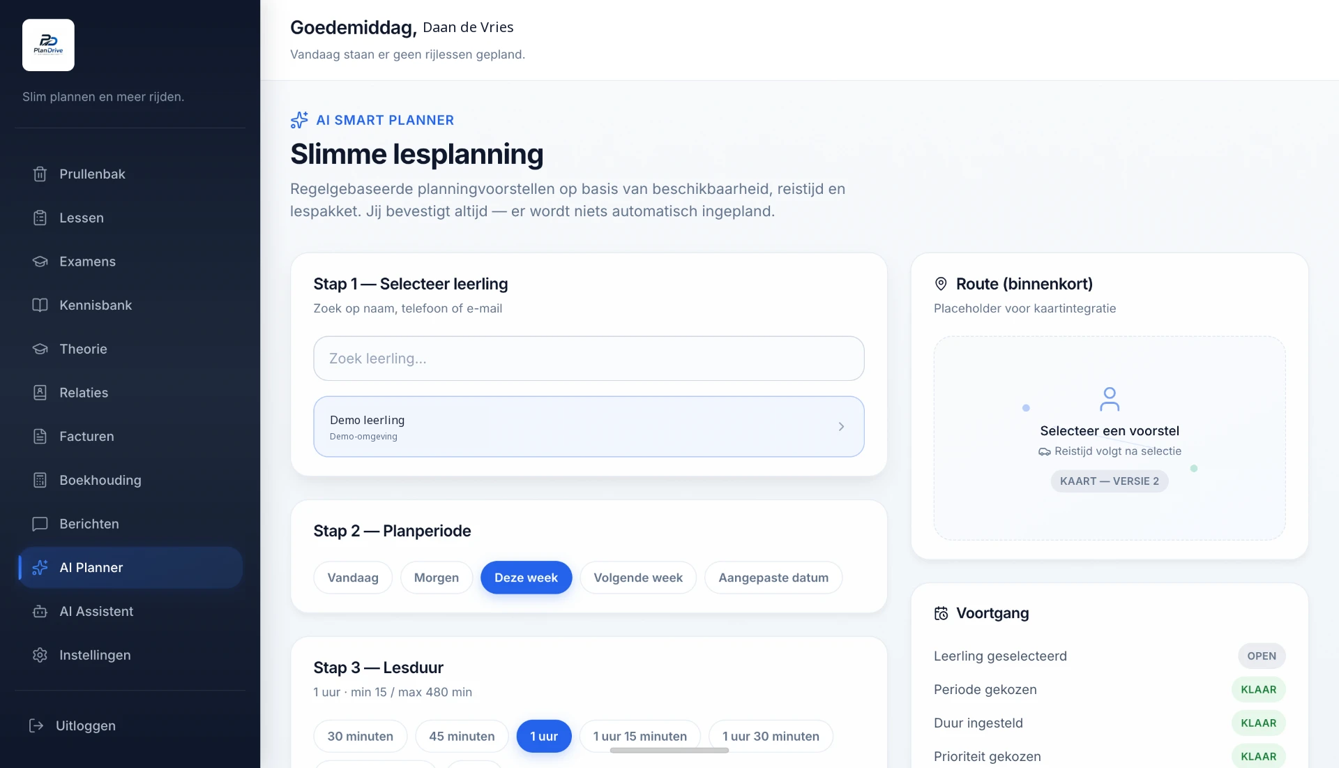 PlanDrive AI Planner met uitsluitend fictieve demo-gegevens